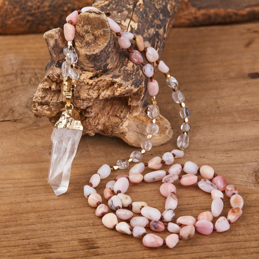Pink and Blue Opal Vine Leaves Necklace set , Long Bridal Jewelry Crys –  TheMillenniumBride